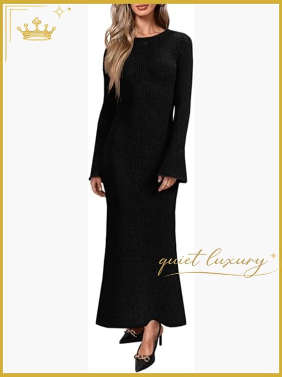 Dresses & Skirts - Bell Long Sleeve Maxi Dress Casual Crewneck Knit Slim Fit Flowy Sweater Dress